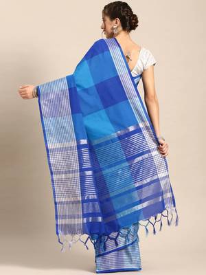 Blue woven blended cotton saree with blouse 2