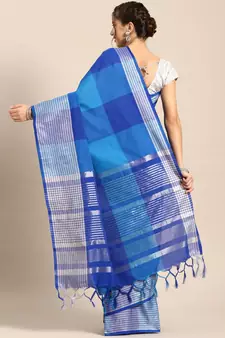 Blue woven blended cotton saree with blouse