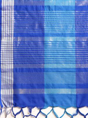 Blue woven blended cotton saree with blouse 4