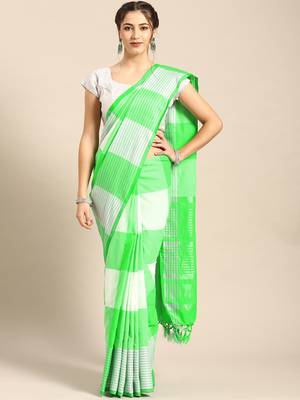 Green woven blended cotton saree with blouse 1