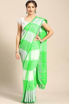 Green woven blended cotton saree with blouse