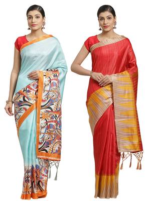 Multicolor printed art silk saree with blouse 1
