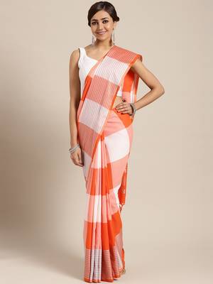 Orange woven blended cotton saree with blouse 1