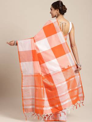 Orange woven blended cotton saree with blouse 2
