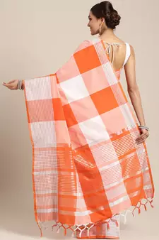 Orange woven blended cotton saree with blouse