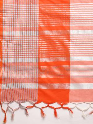 Orange woven blended cotton saree with blouse 4