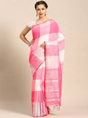 Pink woven blended cotton saree with blouse 1