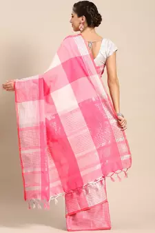 Pink woven blended cotton saree with blouse