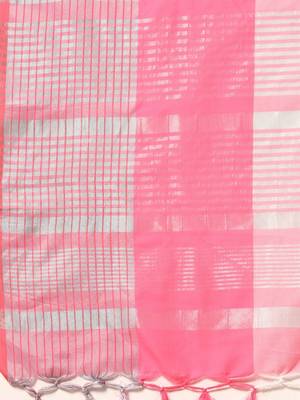 Pink woven blended cotton saree with blouse 4