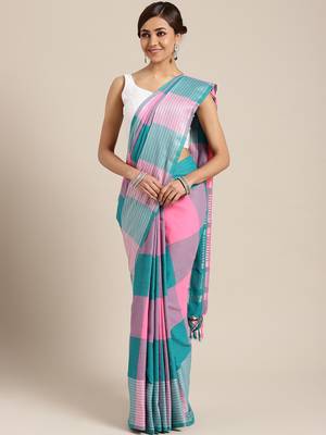 Pink woven blended cotton saree with blouse 1