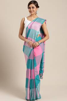 Pink woven blended cotton saree with blouse