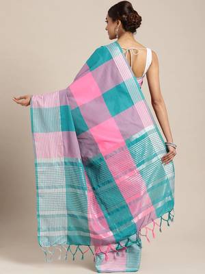 Pink woven blended cotton saree with blouse 2