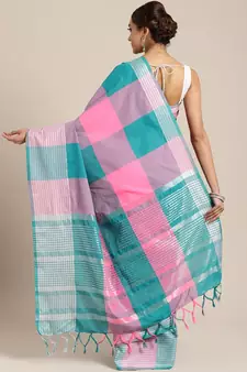 Pink woven blended cotton saree with blouse