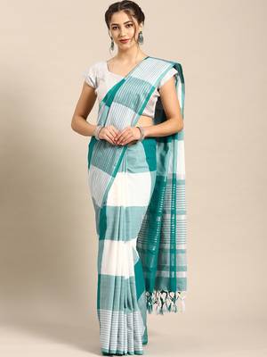 White woven blended cotton saree with blouse 1