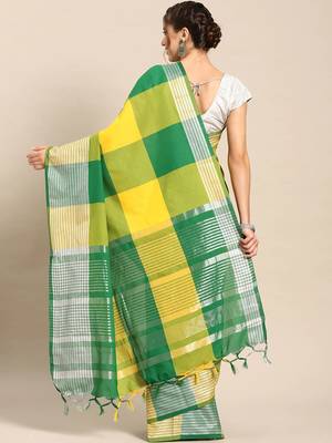 Yellow woven blended cotton saree with blouse 2
