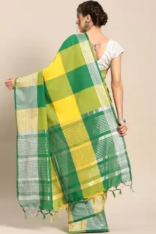 Yellow woven blended cotton saree with blouse