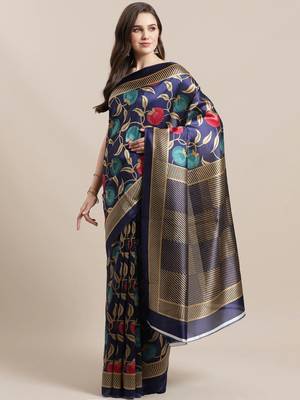 Blue printed art silk saree with blouse 1