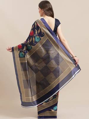 Blue printed art silk saree with blouse 2