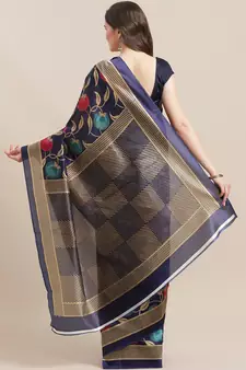 Blue printed art silk saree with blouse