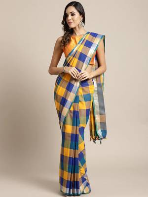 Yellow woven blended cotton saree with blouse 1