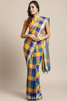 Yellow woven blended cotton saree with blouse