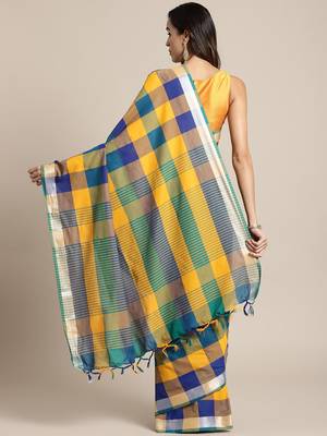 Yellow woven blended cotton saree with blouse 2