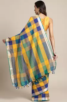 Yellow woven blended cotton saree with blouse