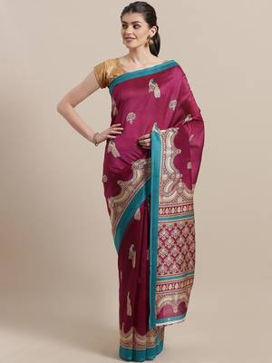 Magenta printed art silk saree with blouse 1