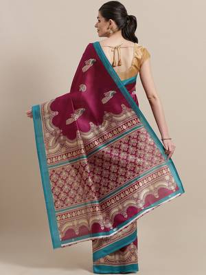 Magenta printed art silk saree with blouse 2