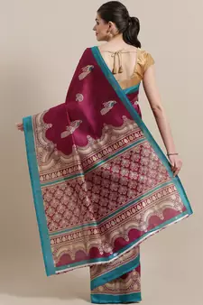 Magenta printed art silk saree with blouse