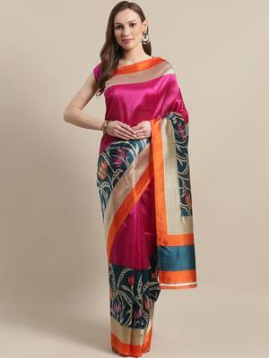 Pink printed art silk saree with blouse 1