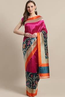 Pink printed art silk saree with blouse