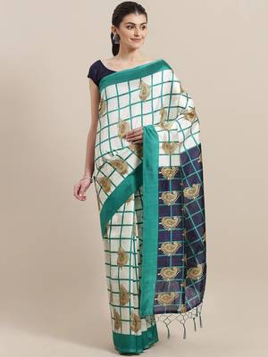 White printed art silk saree with blouse 1