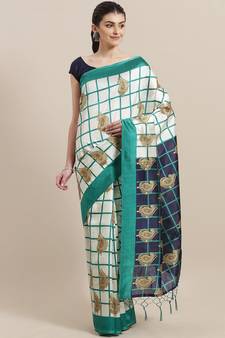 White printed art silk saree with blouse