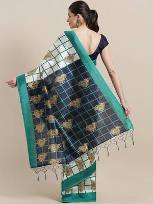 White printed art silk saree with blouse 2
