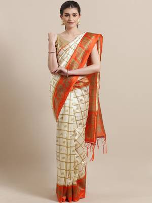 White printed art silk saree with blouse 1