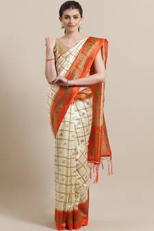 White printed art silk saree with blouse