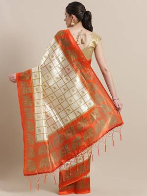 White printed art silk saree with blouse 2