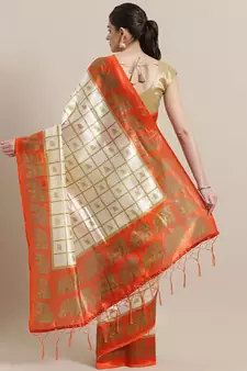 White printed art silk saree with blouse