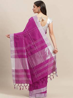 Purple woven blended cotton saree with blouse 2