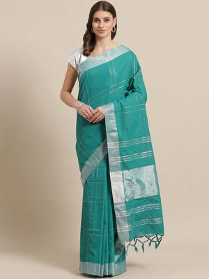Green woven blended cotton saree with blouse 1