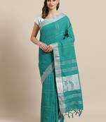Green woven blended cotton saree with blouse