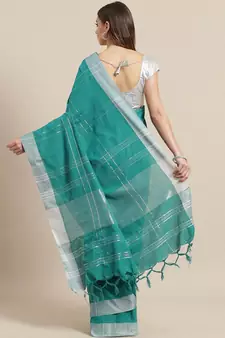 Green woven blended cotton saree with blouse