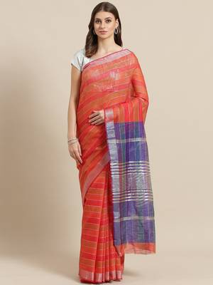 Red woven blended cotton saree with blouse 1