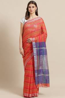 Red woven blended cotton saree with blouse