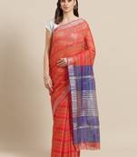 Red woven blended cotton saree with blouse