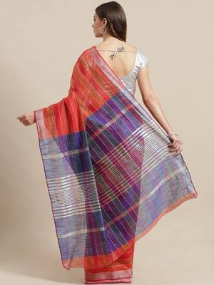 Red woven blended cotton saree with blouse 2