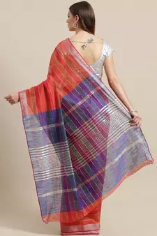 Red woven blended cotton saree with blouse
