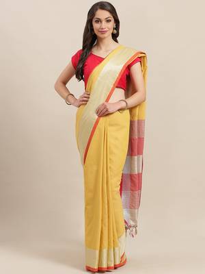 Yellow woven blended cotton saree with blouse 1