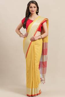 Yellow woven blended cotton saree with blouse